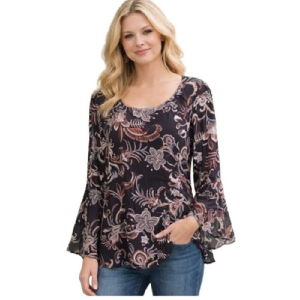 Thomas & Olivia Black Paisley Floral Bell Sleeve Top Metallic Trim Size 2x NWT